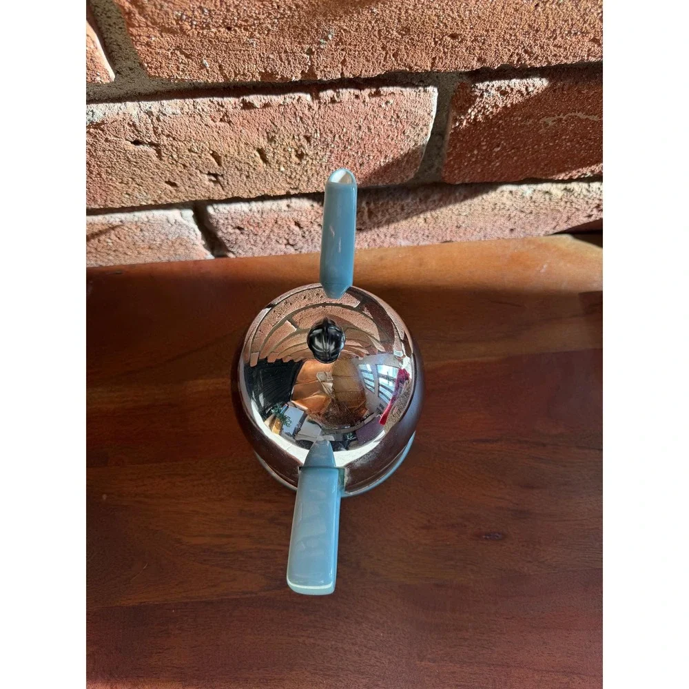 Vintage Hall China Forman Family Powder Blue Cozy Teapot Chrome Cover 1950s